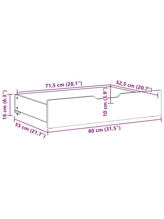 Sängyn alavetolaatikot pyörillä 2 kpl 80x55x16 cm täysi mänty