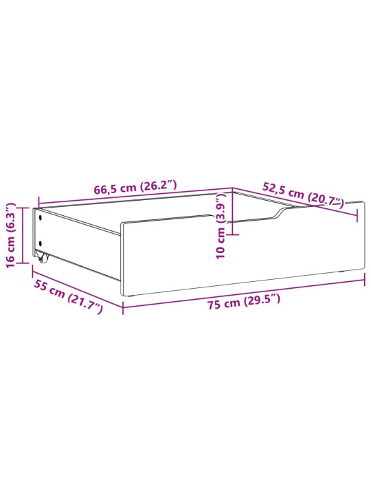 Sängyn alavetolaatikot pyörillä 2 kpl 75x55x16 cm täysi mänty