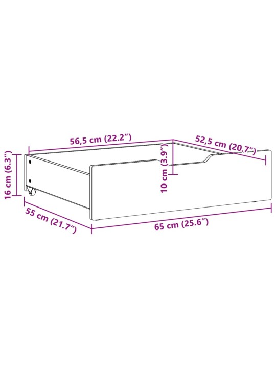 Sängyn alavetolaatikot pyörillä 2 kpl 65x55x16 cm täysi mänty