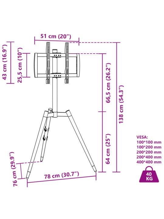 TV-kolmijalka 37"-65" ruuduille Max VESA 400x400 mm 40 kg