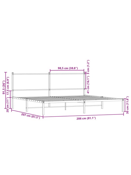 Metallinen sängynrunko ilman patjaa ruskea tammi 200x200 cm