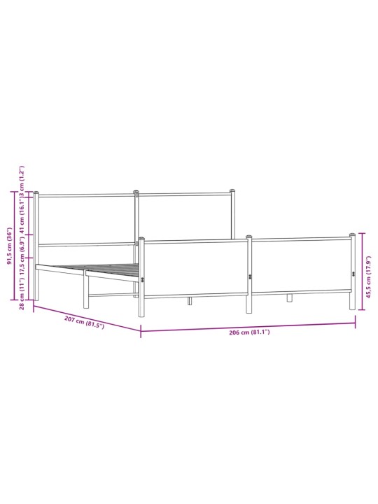 Metallinen sängynrunko ilman patjaa ruskea tammi 200x200 cm