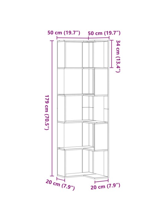 Kulmakirjahylly 5 tasoa vanha puu 50x50x179 cm tekninen puu