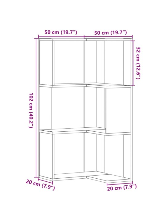 Kulmakirjahylly 3 tasoa betoninharmaa 50x50x102 cm tekninen puu