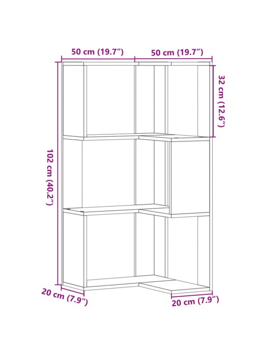 Kulmakirjahylly 3 tasoa savutammi 50x50x102 cm tekninen puu