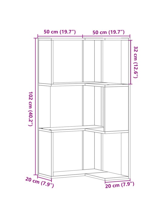 Kulmakirjahylly 3 tasoa vanha puu 50x50x102 cm tekninen puu