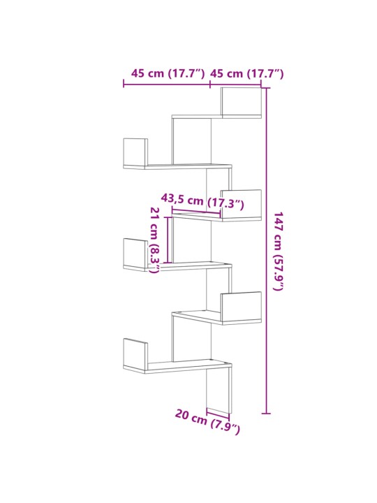 Seinäkulmahylly valkoinen 45x45x147 cm tekninen puu