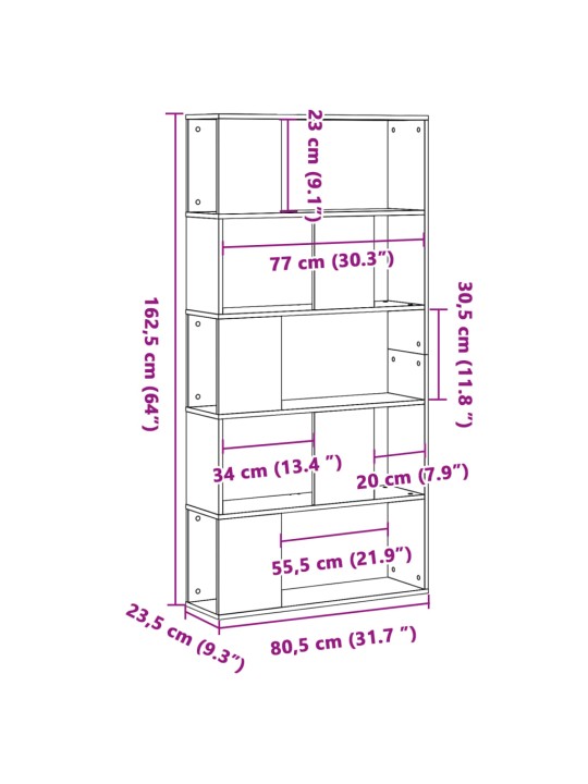 Kirjahylly 5 tasoa Sonoma-tammi 80,5x23,5x162,5 cm tekninen puu