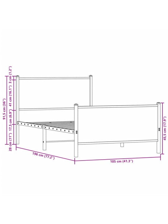 Metallinen sängynrunko ilman patjaa Sonoma-tammi 100x190 cm