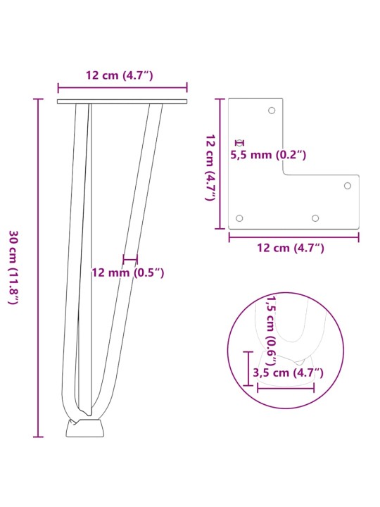 Sohvapöydän hiusneulajalat 4 kpl musta 30 cm täysteräs