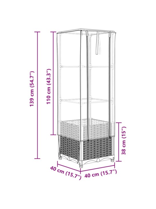 Kukkalaatikko kasvihuonepeitteellä rottinkityyli 40x40x139 cm