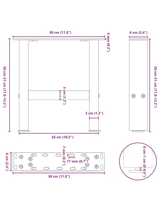 Sohvapöydän jalat valkoiset 2 kpl 30x(30-31) cm teräs