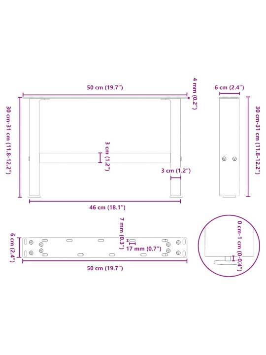 Sohvapöydän jalat valkoiset 2 kpl 50x(30-31) cm teräs