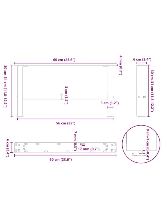 Sohvapöydän jalat, luonnonvärinen teräs, 2 kpl, 60 x (30-31) cm, teräs