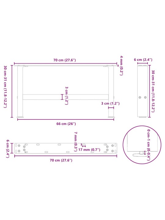 Sohvapöydän jalat valkoiset 2 kpl 70x(30-31) cm teräs