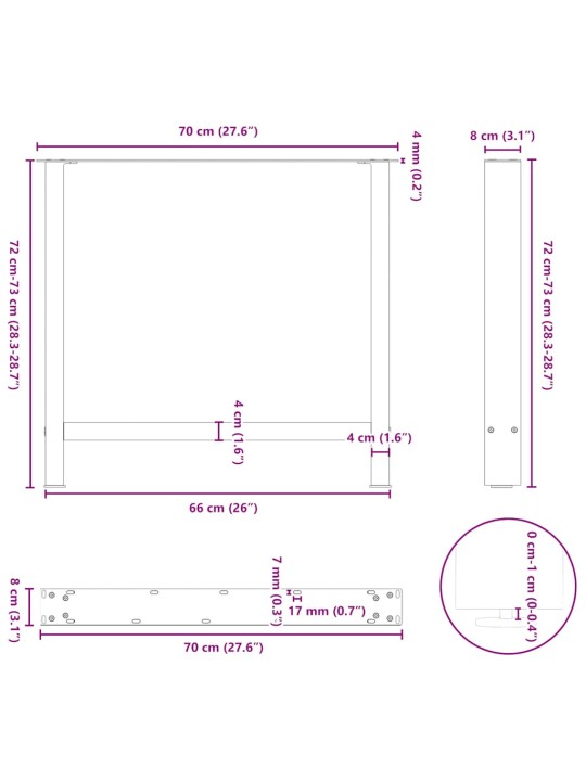 Ruokapöydän jalat, luonnonvärinen teräs, 2 kpl, 70 x (72-73) cm, teräs