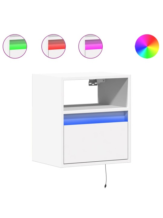 Seinäkiinnitettävä yöpöytä LED-valoilla valkoinen