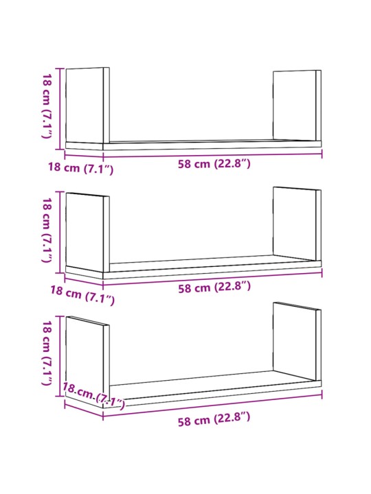 Seinähyllyt 3 kpl musta 58x18x18 cm tekninen puu