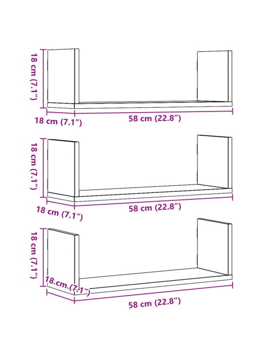 Seinähyllyt 3 kpl betoninharmaa 58x18x18 cm tekninen puu