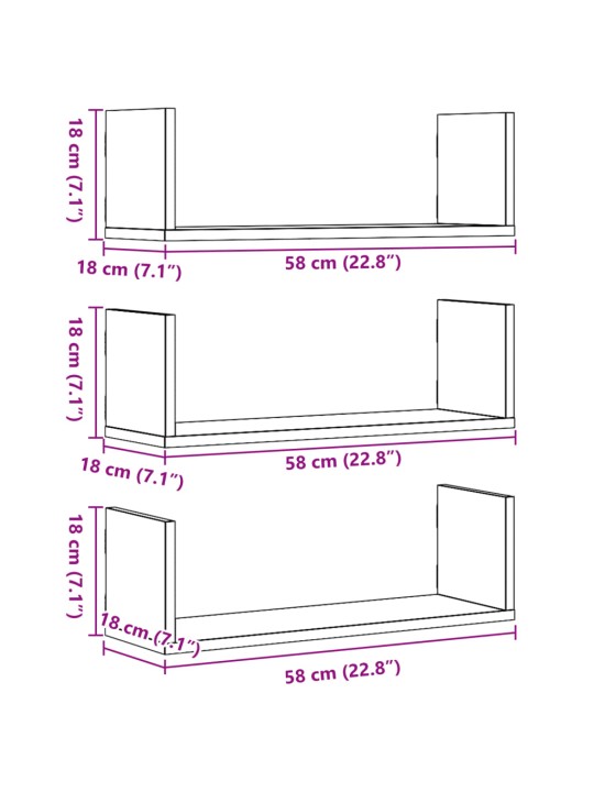 Seinähyllyt 3 kpl vanha puu 58x18x18 cm tekninen puu