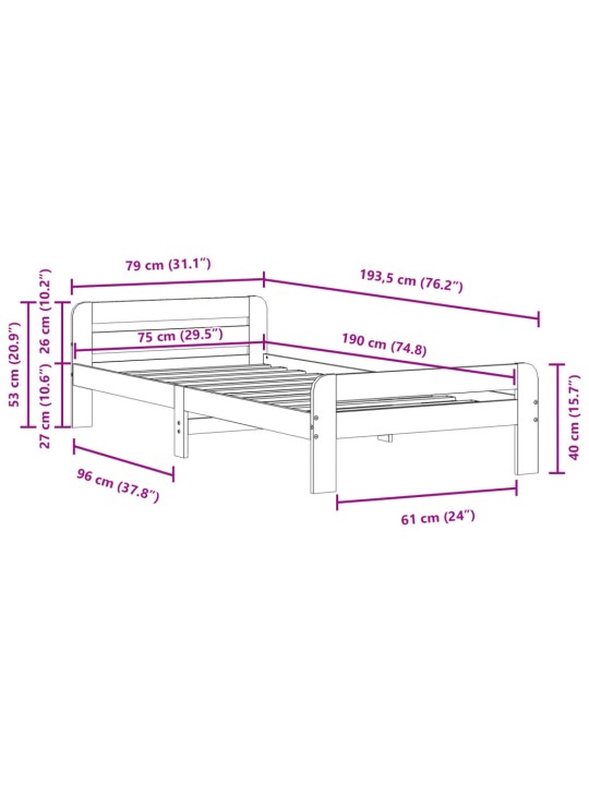 Sängynrunko ilman patjaa vahanruskea 75x190 cm täysi mänty
