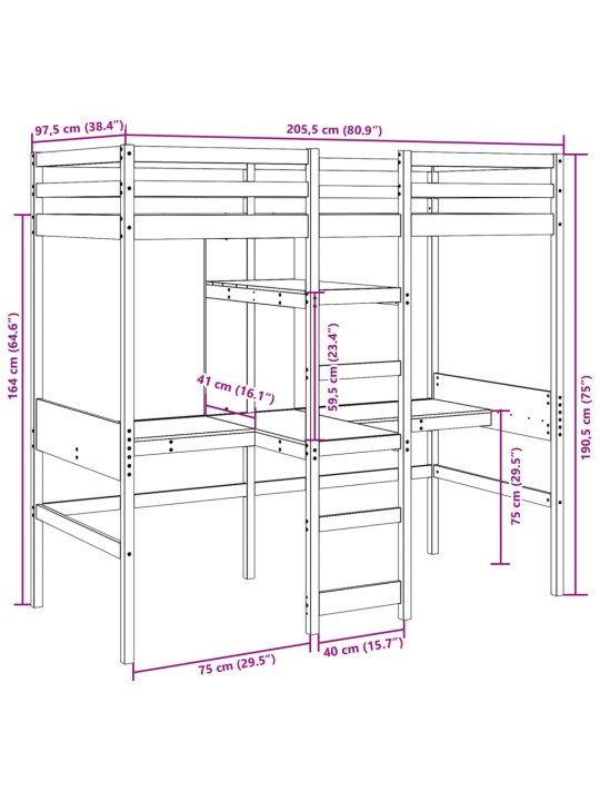 Parvisänky pöydällä ja hyllyillä 90x200 cm täysi mänty