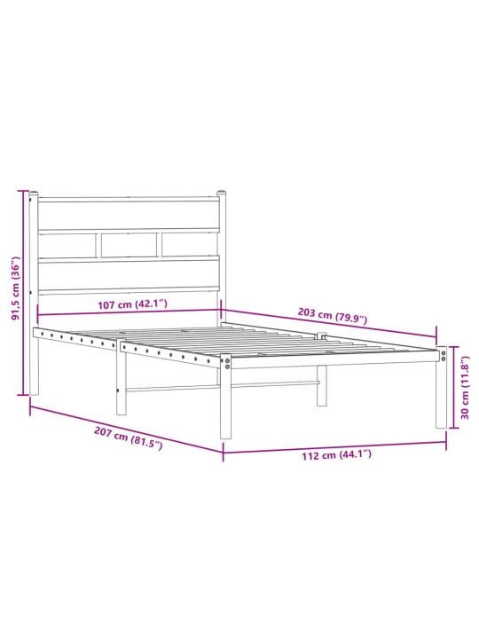 Metallinen sängynrunko ilman patjaa savutammi 107x203 cm