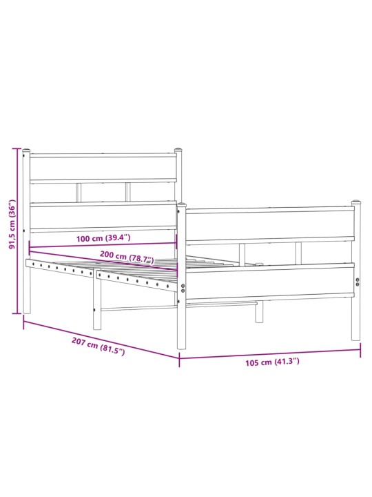 Metallinen sängynrunko ilman patjaa Sonoma-tammi 100x200 cm