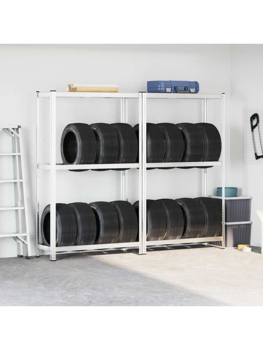 2-kerroksiset rengashyllyt 2kpl hopea 110x40x180cm teräs ja puu