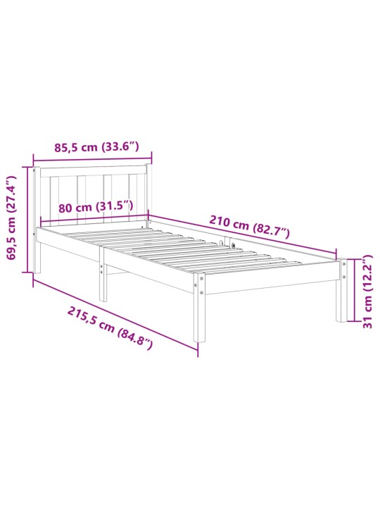 Sängynrunko erikoispitkä ei patjaa valk. 80x210 cm täysi mänty