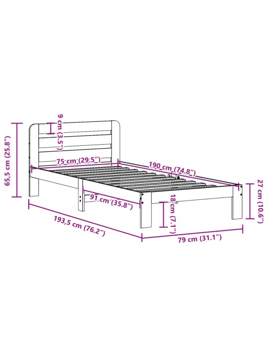 Sängynrunko ilman patjaa päädyllä 75x190 cm täysi mänty