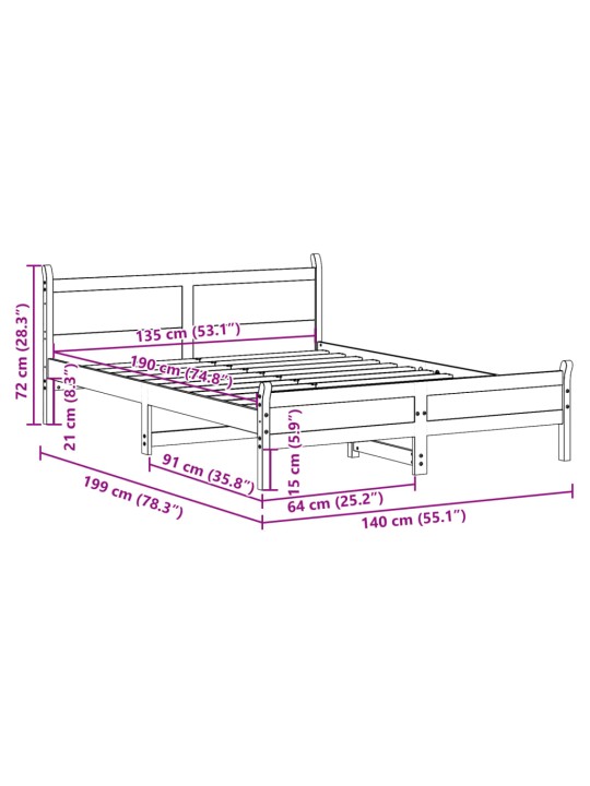 Sängynrunko ilman patjaa vahanruskea 135x190 cm täysi mänty