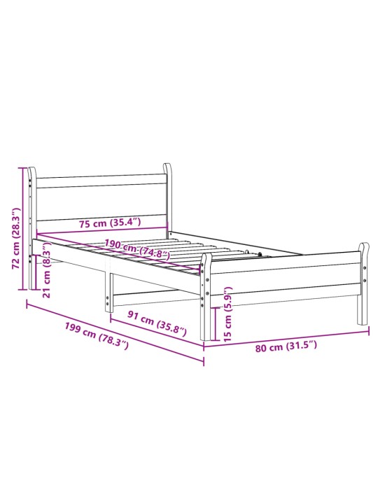 Sängynrunko ilman patjaa päädyllä 75x190 cm täysi mänty
