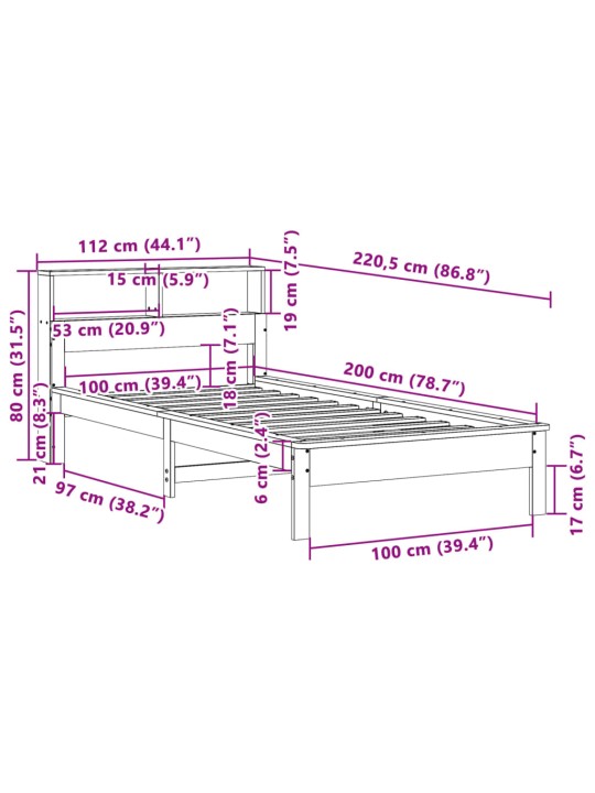 Sänky kirjahyllyllä ilman patjaa 100x200 cm täysi mänty