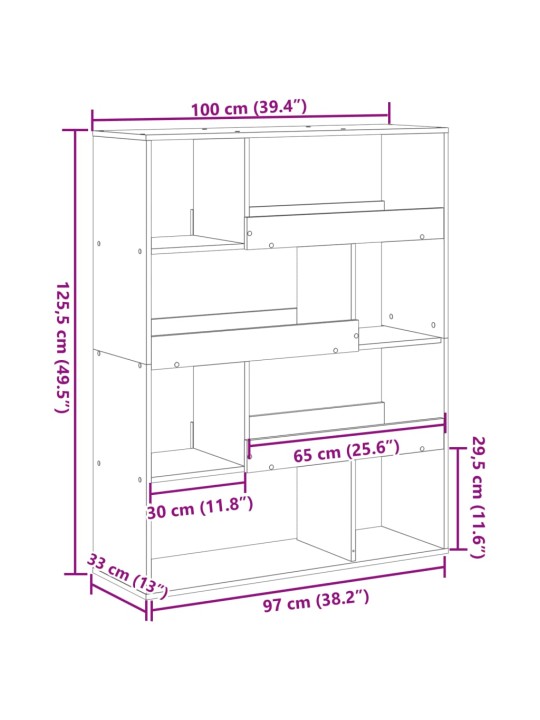 Kirjahylly betoninharmaa 100x33x125,5 cm tekninen puu