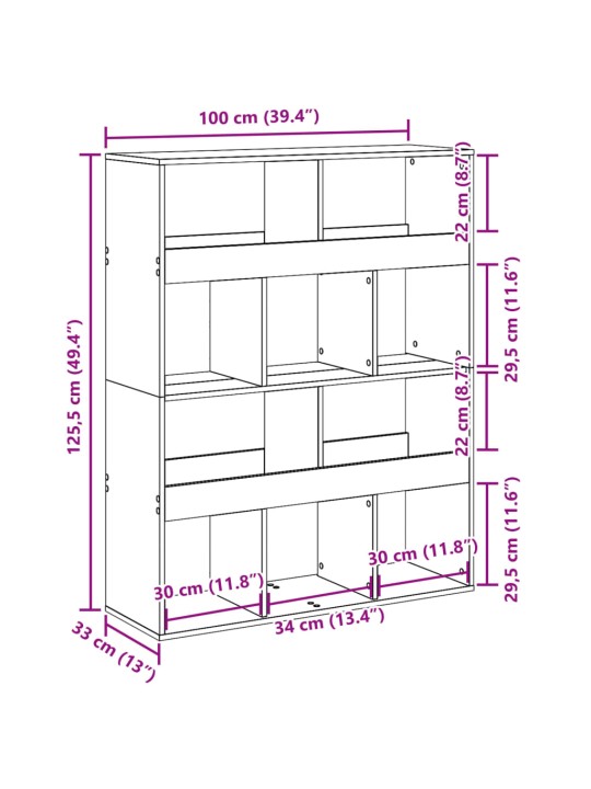 Kirjahylly betoninharmaa 100x33x125,5 cm tekninen puu