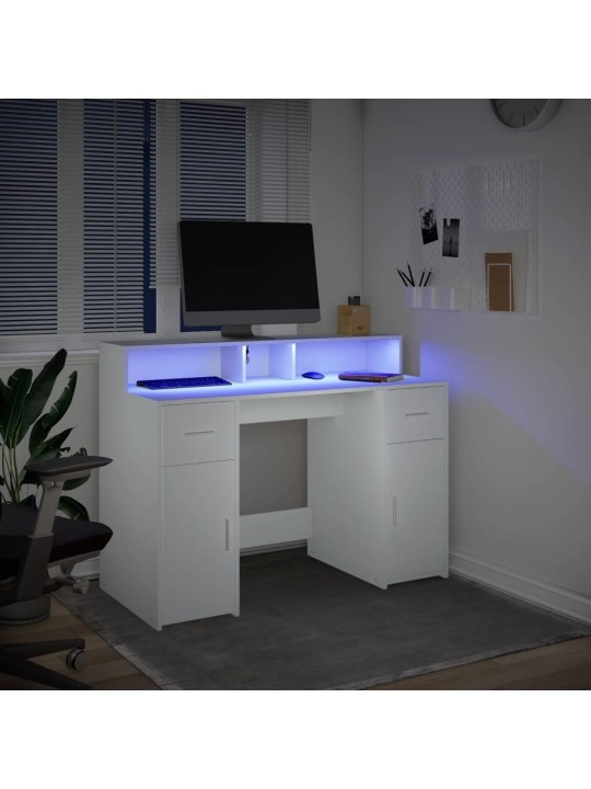 Työpöytä LED-valoilla valkoinen 120x55x91 cm tekninen puu