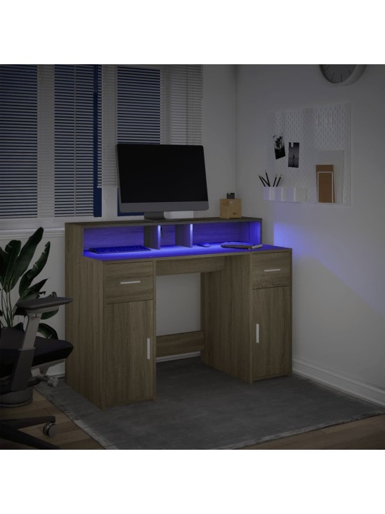 Työpöytä LED-valoilla Sonoma-tammi 120x55x91 cm tekninen puu