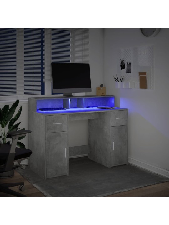 Työpöytä LED-valoilla betoninharmaa 120x55x91 cm tekninen puu