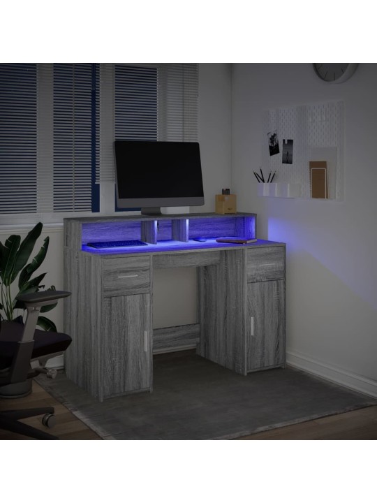 Työpöytä LED-valoilla harmaa Sonoma 120x55x91 cm tekninen puu