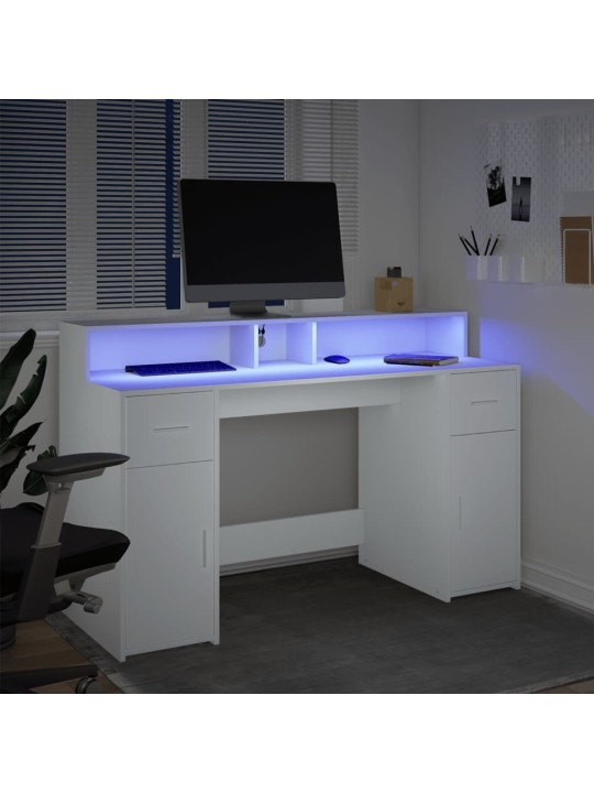 Työpöytä LED-valoilla valkoinen 140x55x91 cm tekninen puu