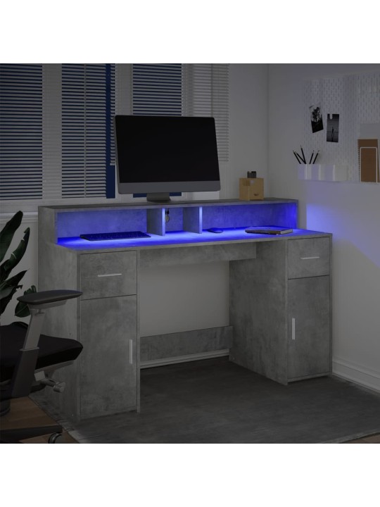 Työpöytä LED-valoilla betoninharmaa 140x55x91 cm tekninen puu