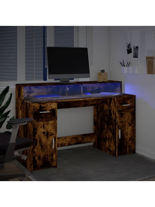 Työpöytä LED-valoilla savutammi 140x55x91 cm tekninen puu