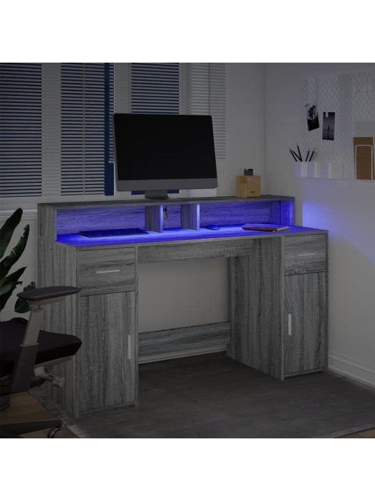 Työpöytä LED-valoilla harmaa Sonoma 140x55x91 cm tekninen puu