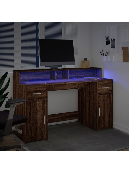 Työpöytä LED-valoilla ruskea tammi 140x55x91 cm tekninen puu