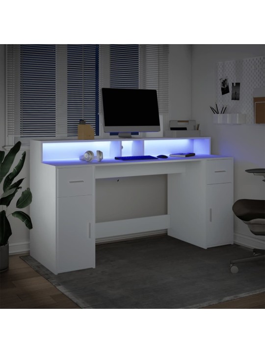 Työpöytä LED-valoilla valkoinen 160x55x91 cm tekninen puu