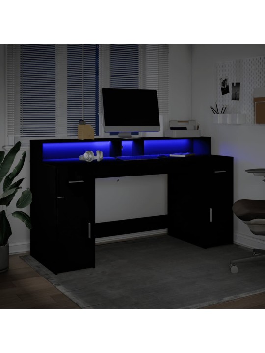 Työpöytä LED-valoilla musta 160x55x91 cm tekninen puu