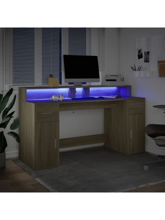 Työpöytä LED-valoilla Sonoma-tammi 160x55x91 cm tekninen puu