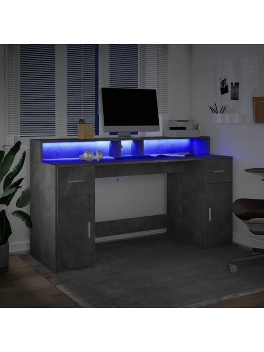 Työpöytä LED-valoilla betoninharmaa 160x55x91 cm tekninen puu