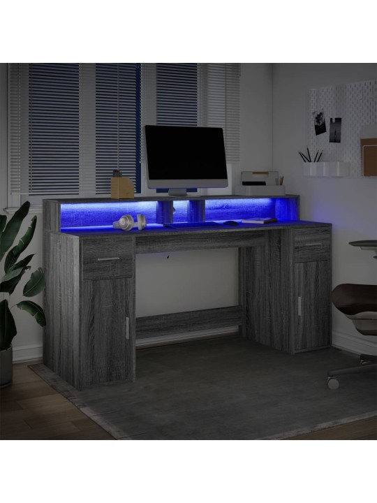 Työpöytä LED-valoilla harmaa Sonoma 160x55x91 cm tekninen puu